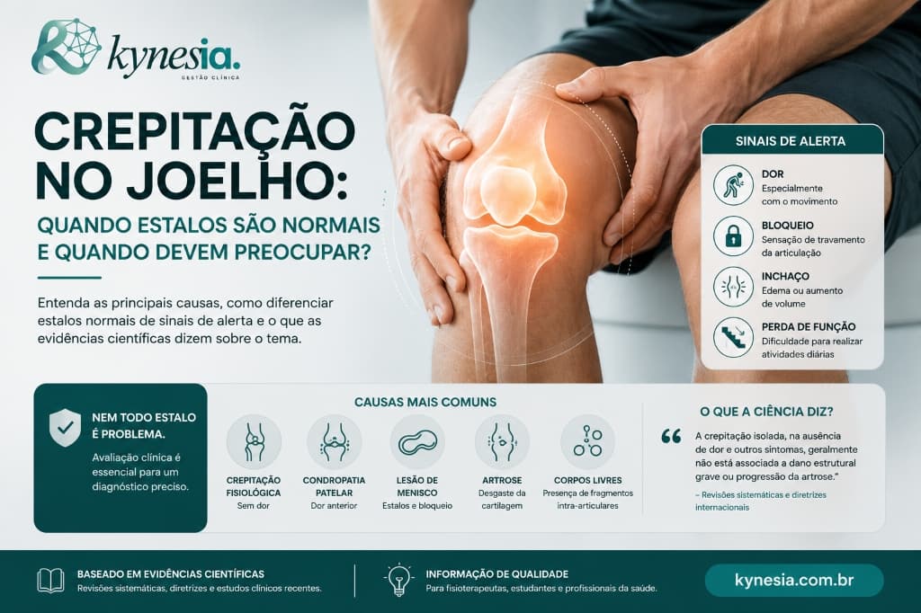 Infográfico da Kynesia com o título 'Crepitação no Joelho: Quando estalos são normais e quando devem preocupar?' mostrando a anatomia do joelho inflamado, causas comuns e sinais de alerta.
