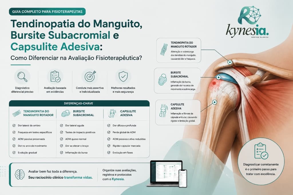 Infográfico explicativo resumindo a diferenciação entre tendinopatia do manguito rotador, bursite subacromial e capsulite adesiva