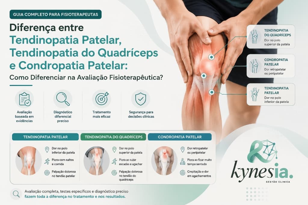 Infográfico comparativo sobre a diferença entre tendinopatia patelar, tendinopatia do quadríceps e condropatia patelar, detalhando sintomas e locais de palpação