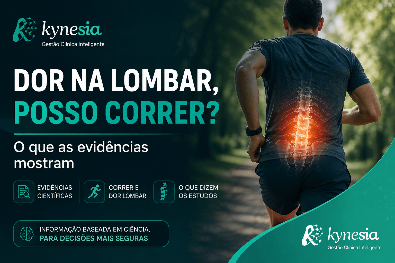 Infográfico com o título 'Dor na Lombar: Posso Correr?' com um homem correndo no parque mostrando a coluna lombar destacada.