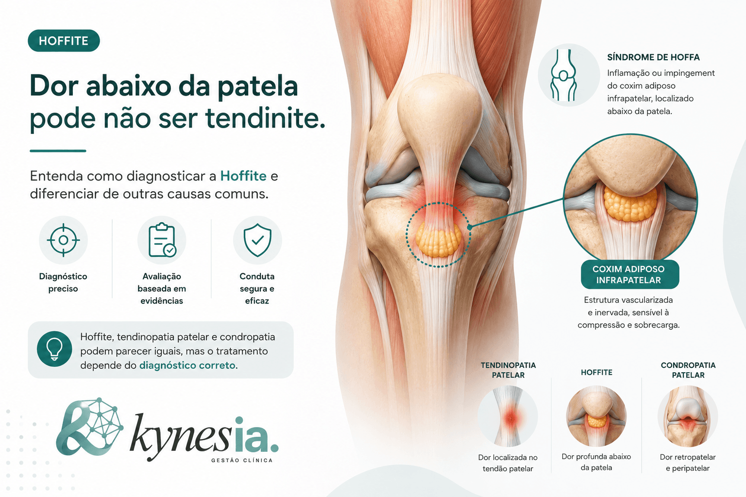 Infográfico explicativo sobre a Síndrome de Hoffa (Hoffite), ilustrando a dor abaixo da patela e a diferenciação da tendinopatia patelar e condropatia patelar