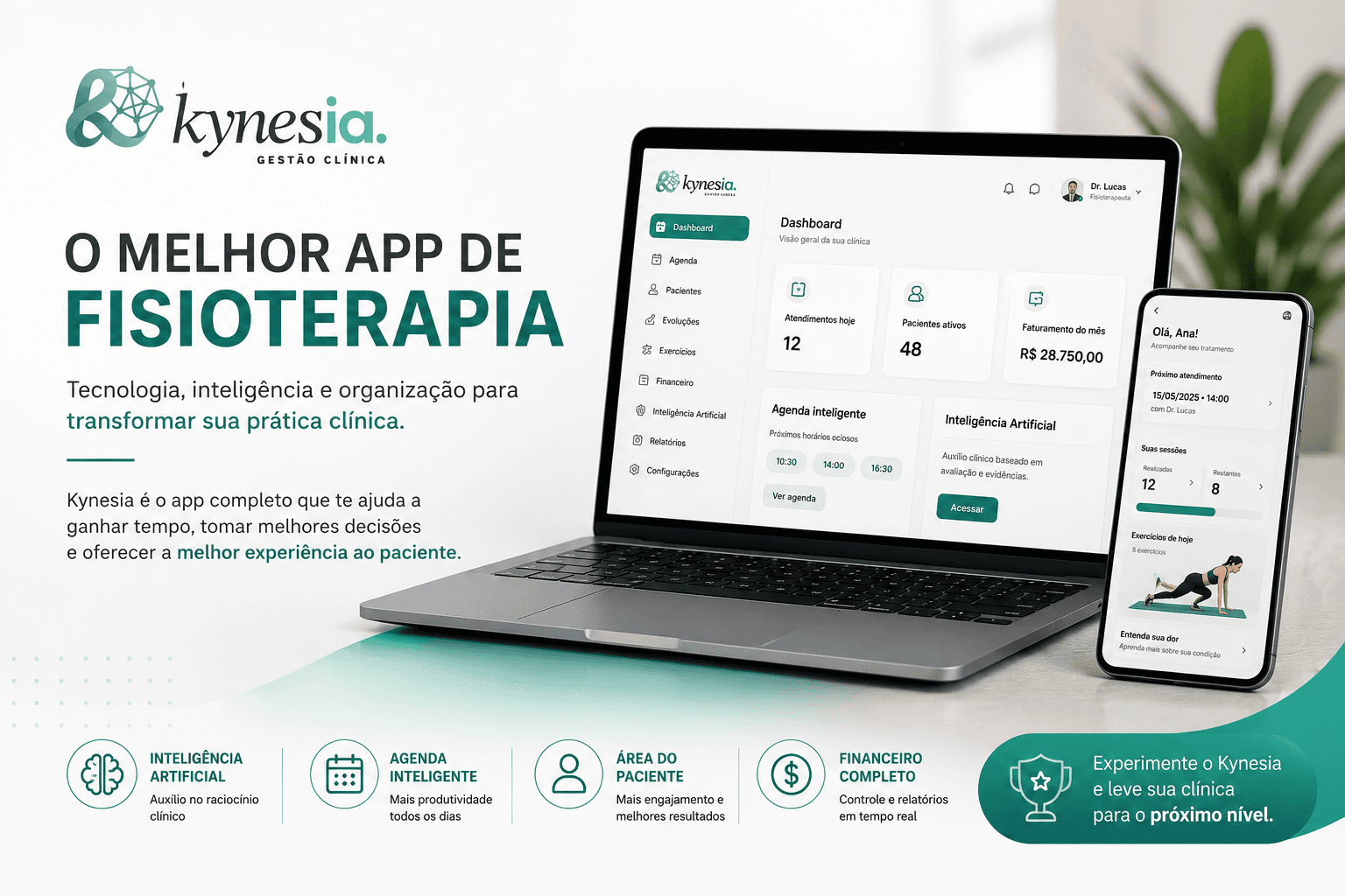 Dashboard do Kynesia exibindo o melhor app de fisioterapia em um laptop e a área do paciente em um smartphone