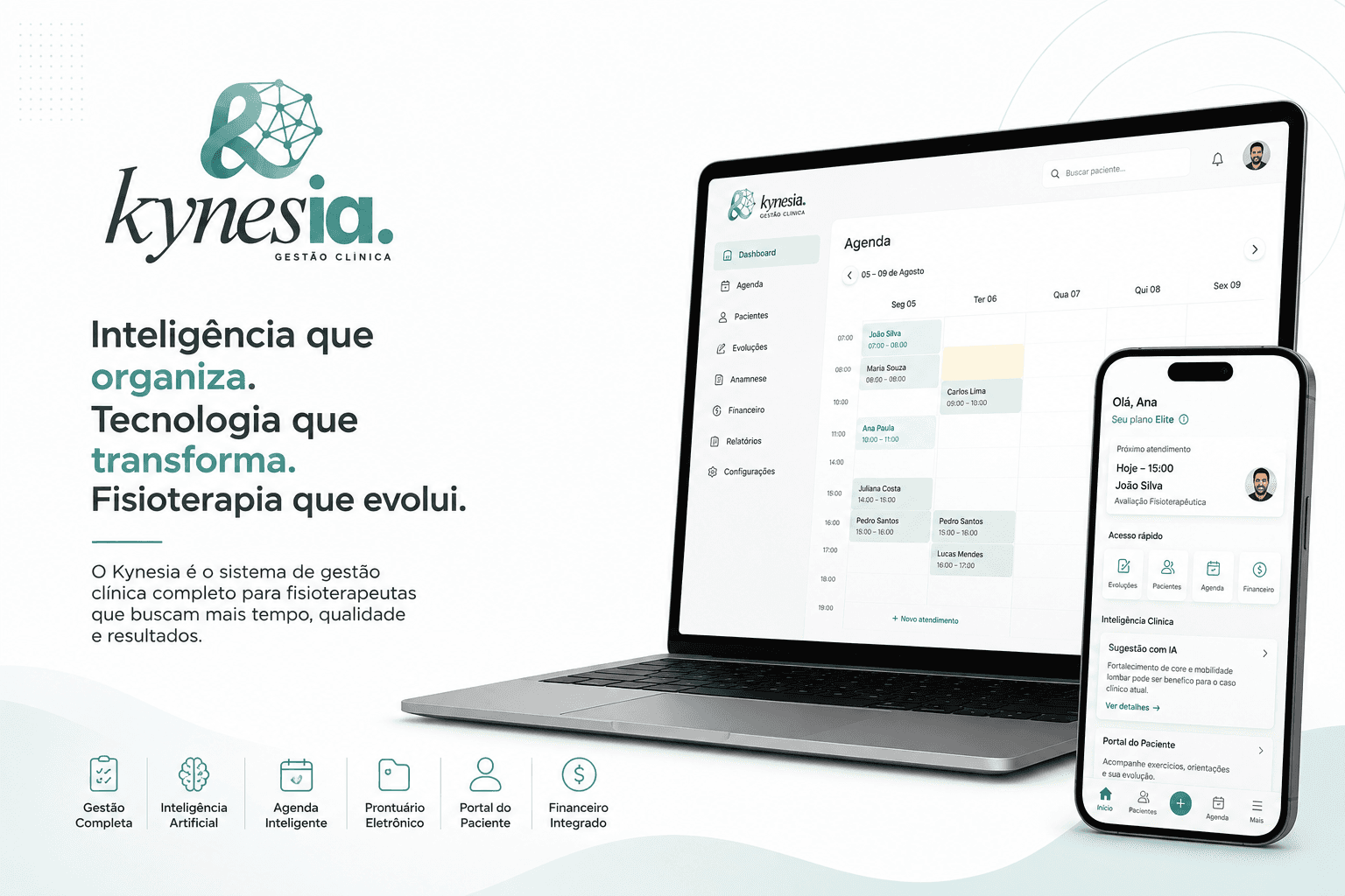 Interface do Kynesia — melhor software para fisioterapia em 2026, exibindo agenda e área do paciente