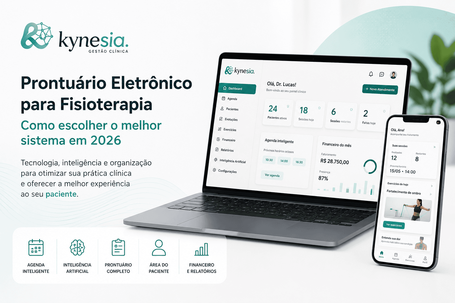 Interface do Kynesia mostrando prontuário eletrônico para fisioterapia, agenda inteligente e área do paciente