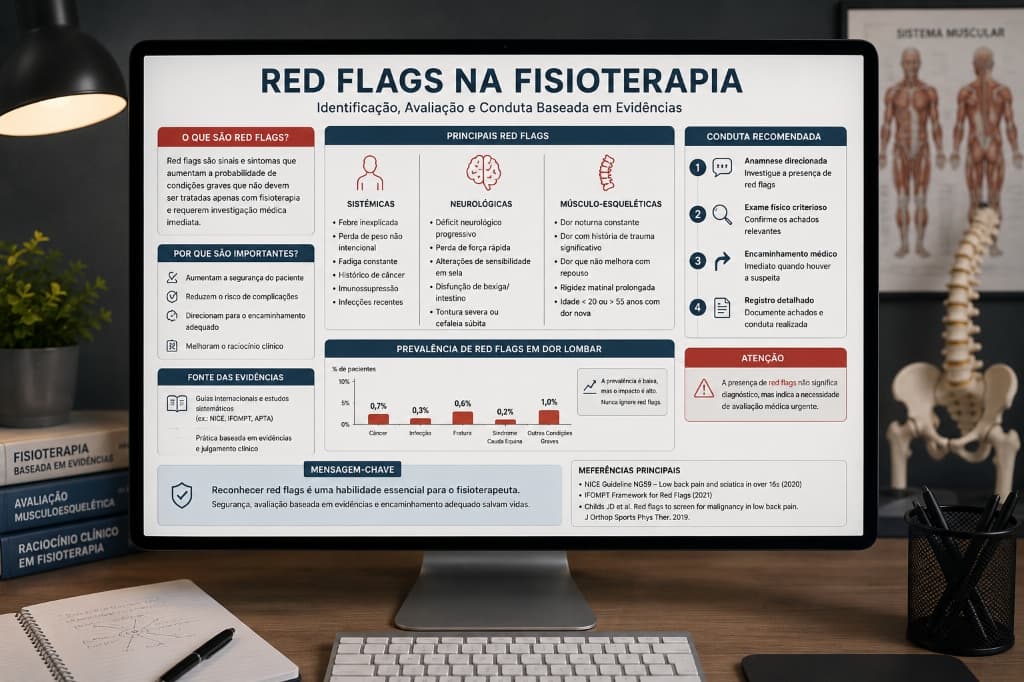 Infográfico detalhado sobre identificação, avaliação e conduta baseada em evidências para Red Flags na Fisioterapia e dor lombar