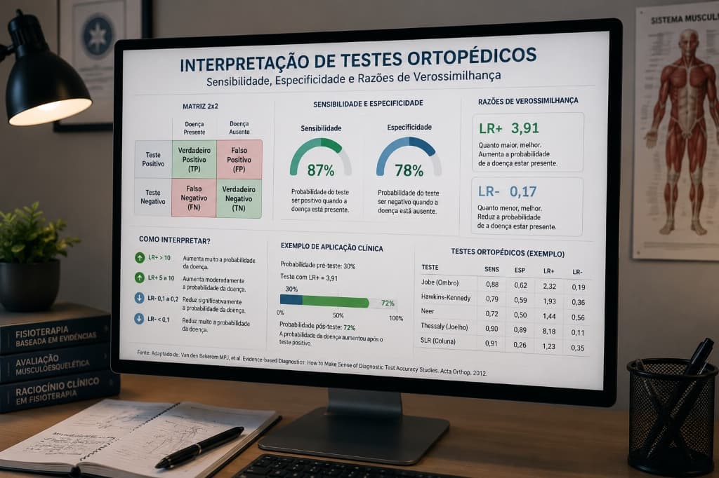 Infográfico explicativo sobre Interpretação de Testes Ortopédicos, cobrando Matriz 2x2, Sensibilidade, Especificidade e Razões de Verossimilhança