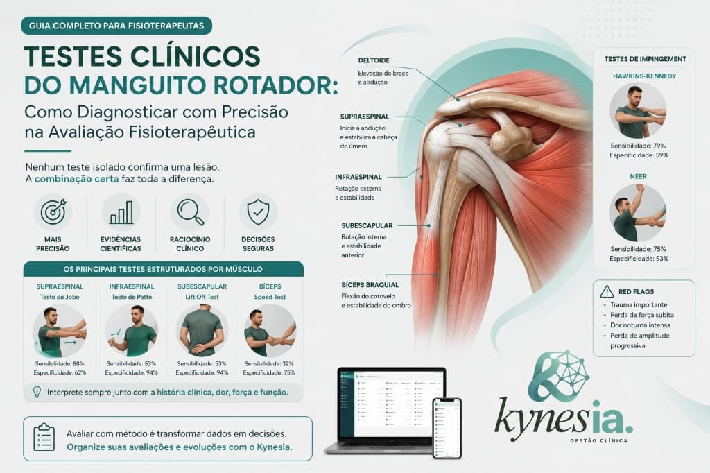 Infográfico resumindo a anatomia e a precisão (sensibilidade e especificidade) dos testes físicos do manguito rotador